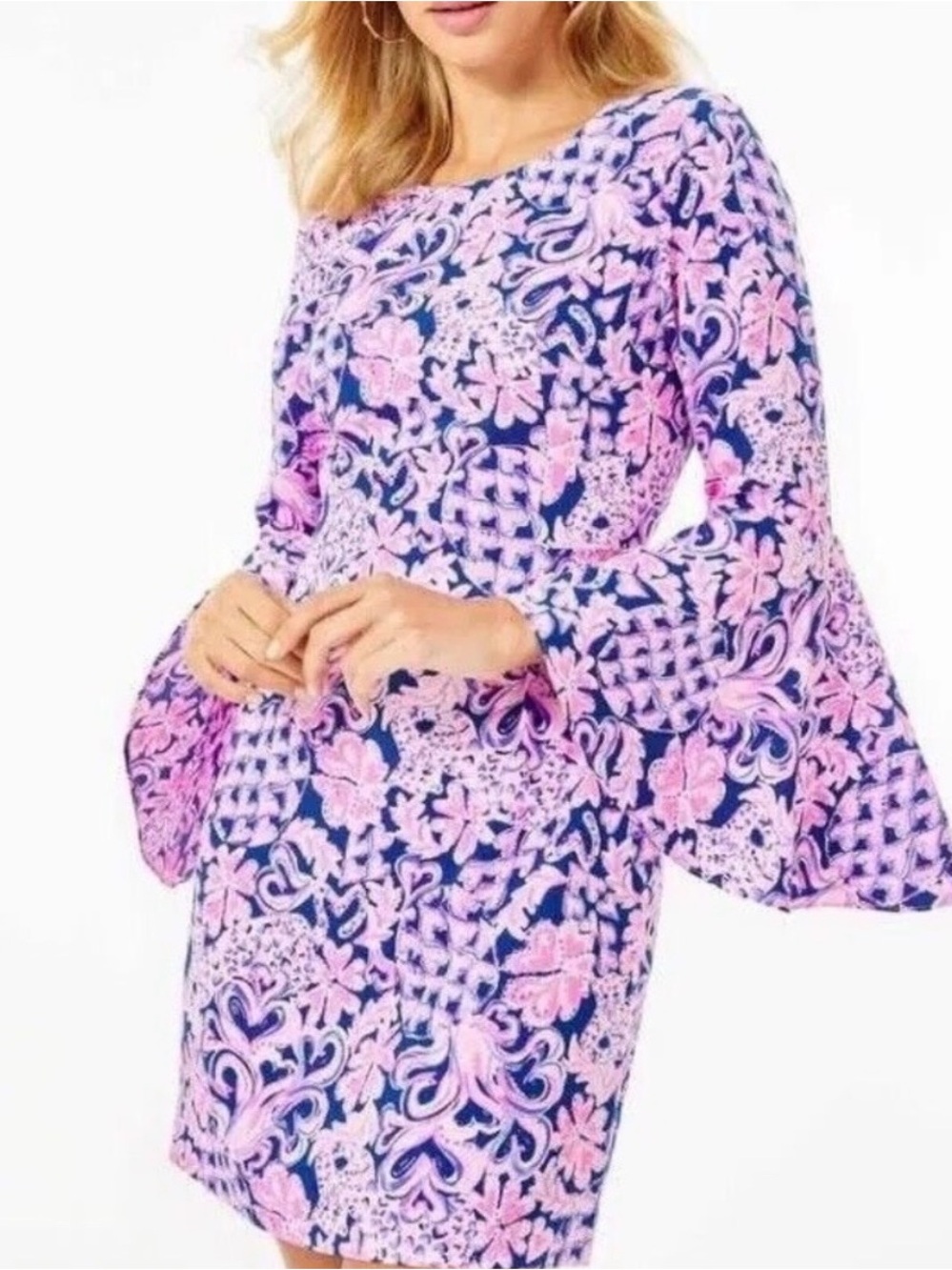 LILLY PULITZER KAYLA STRETCH DRESS LOVE YOU BUNCHES Pink Blue Floral Bell sleeve